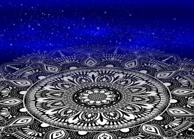 Galaksi arka planında mandala. Doğu tarzında dekoratif süsler. Çiçek desenli mandala. Klasik olarak güzel çizgili tasarım