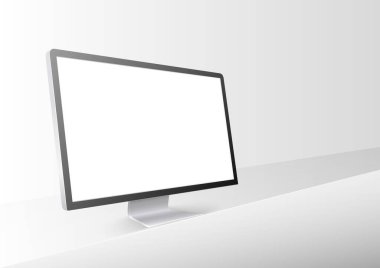 Beyaz arkaplanda bilgisayar görüntüsü izole edildi. Ürün rafında boş bir monitör. Vektör illüstrasyonu