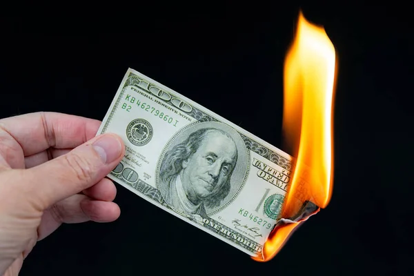 Burning 100 Bill Hand Holds Burning Banknote Quarter Consumed Large Stock Image