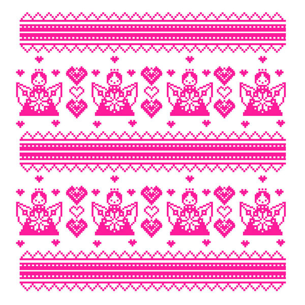 ethnic Ukraine cross stitch pattern with angels, hearts.