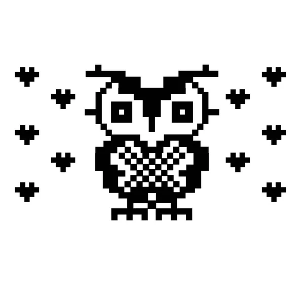 Chouette chouette et cœur. oiseau pixel art modèle . — Image vectorielle