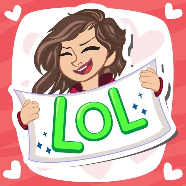 Comic speech, emotional text Lol and open female mouth laughing. Vector bright dynamic cartoon illustration isolated. — Stock Vector