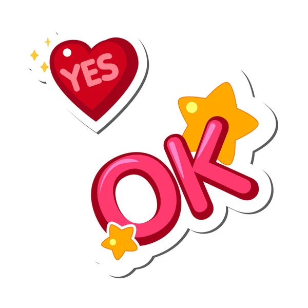 Στοιχεία σχεδιασμού, αυτοκόλλητα, καρδιά με τη λέξη Ναι η επιγραφή Ok. — Διανυσματικό Αρχείο