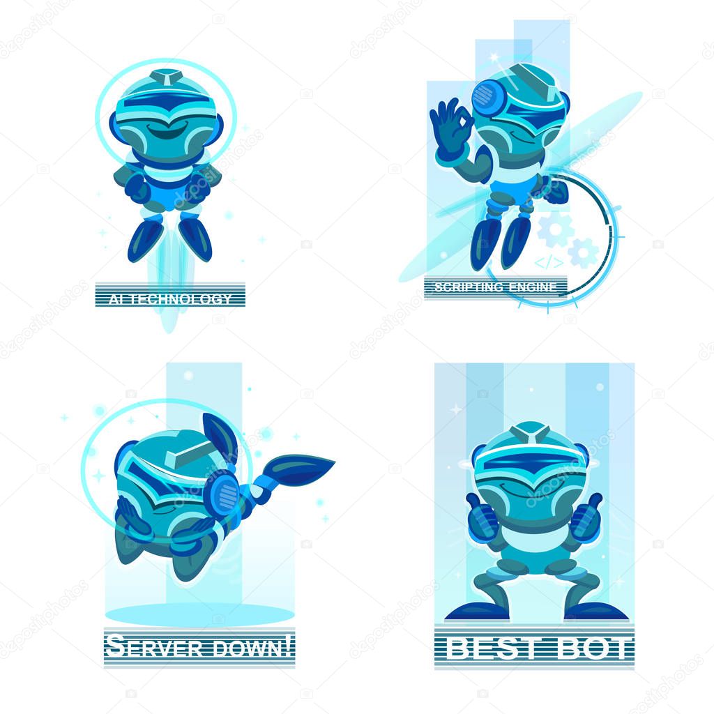 Home robots collection helping and replacing people in different activities. Blue chatbots icons