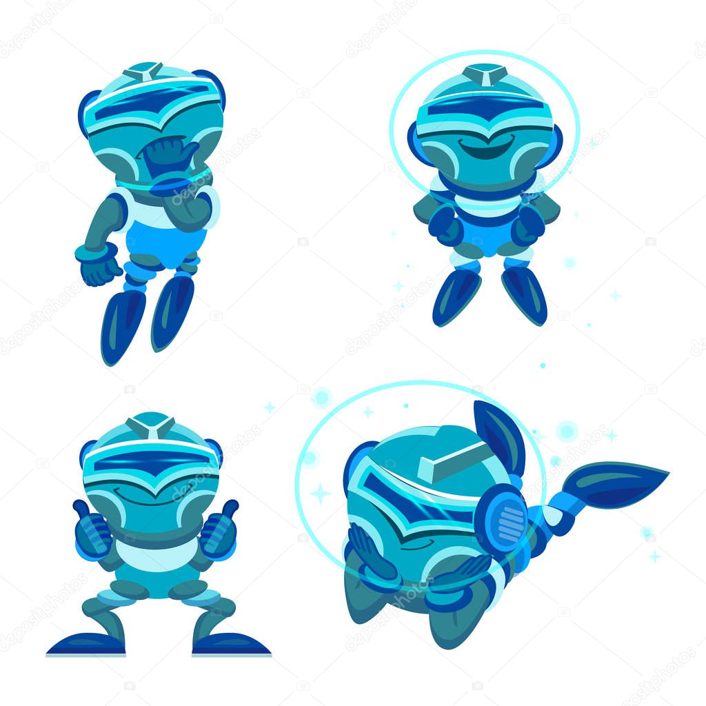 Man communicating with chat bot via instant messenger as an example of artificial intelligence. Cartoon Character blue robot. Vector illustration
