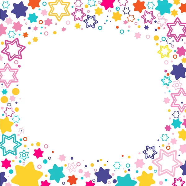 Vector vierkante frame met gekleurde sterren David op de witte achtergrond, sparkles gekleurde symbolen - ster-glitter, stellaire flare. — Stockvector