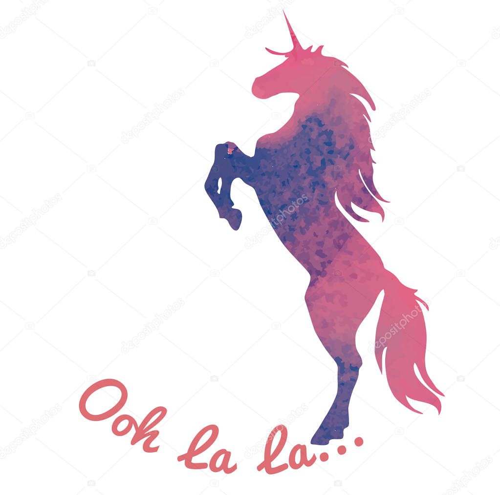 Born to be a unicorn. Vector illustration. Abstract unicorn silhouette isolated with text inside on grunge background. With an Ooh la la inscription. Pink-purple jumping fictional fairy animal.
