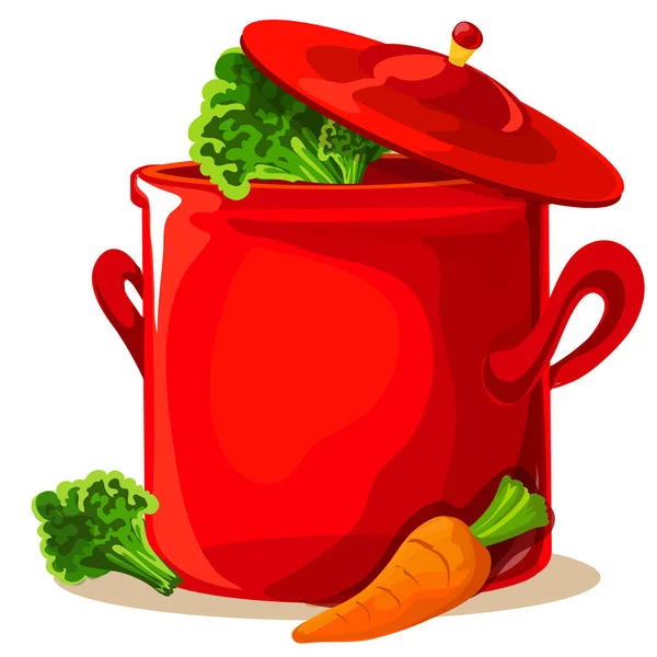 Realistic red saucepan with a lid on top. Close-up. isolated on background. — Stock Vector