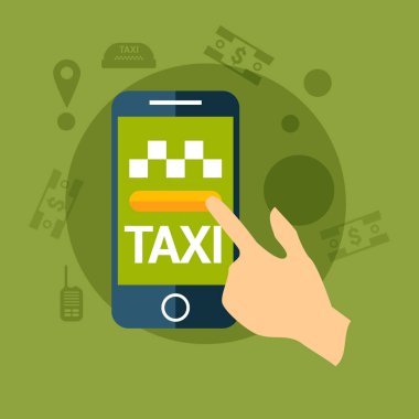 Taksi hizmeti. Elini cep telefonu tut. Vektör çizim. Hareket eden app için rezervasyon Servisi.