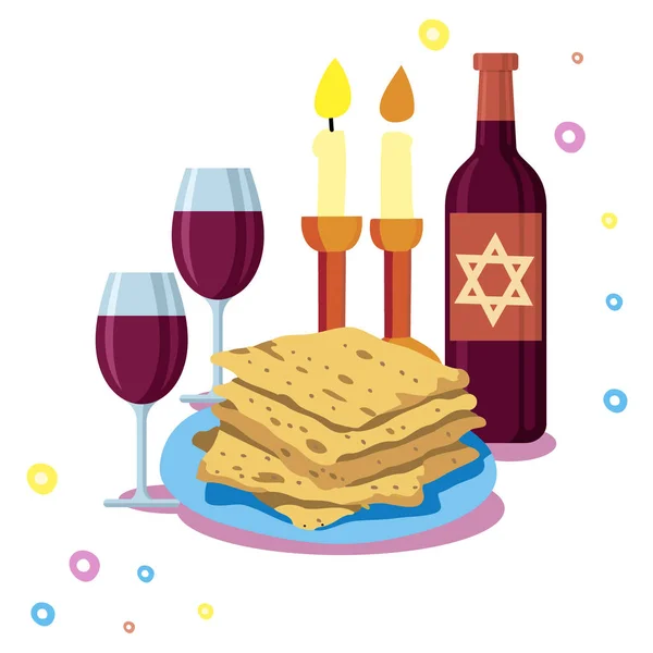 Cartão de saudação Shabbat shalom. Velas, copos e matzo. Férias judaicas . —  Vetores de Stock