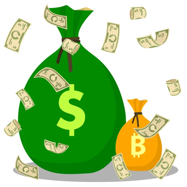 Встановити літаючих доларів проти тла мішок грошей. Bitcoin і долар сумки. Плоский значок ізольовані на білому тлі. — стоковий вектор