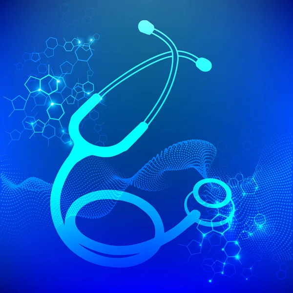 Icono del Estetoscopio - Glifo de Símbolo de Atención Médica. Fondo azul abstracto con elementos de diseño médico . — Archivo Imágenes Vectoriales
