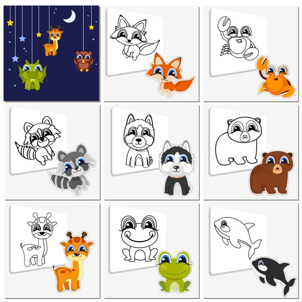 Conjunto de animais de desenhos animados. Coleção infantil animais bonitos que precisam ser pintados. Desenhos para colorir livros para crianças . —  Vetores de Stock