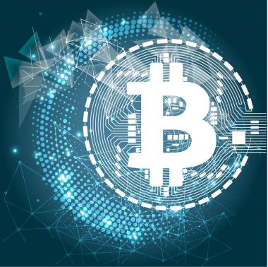 Bitcoin Kripto Döviz Alım blockchain düz logosunun mavi bir arka plan. Blok zinciri bitcoin etiket web veya baskı için.