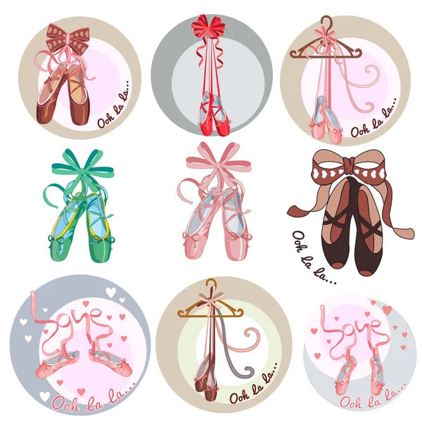 Ballet schoenen. Collectie stickers op het thema van ballet dans. Cartoon stijl — Stockvector