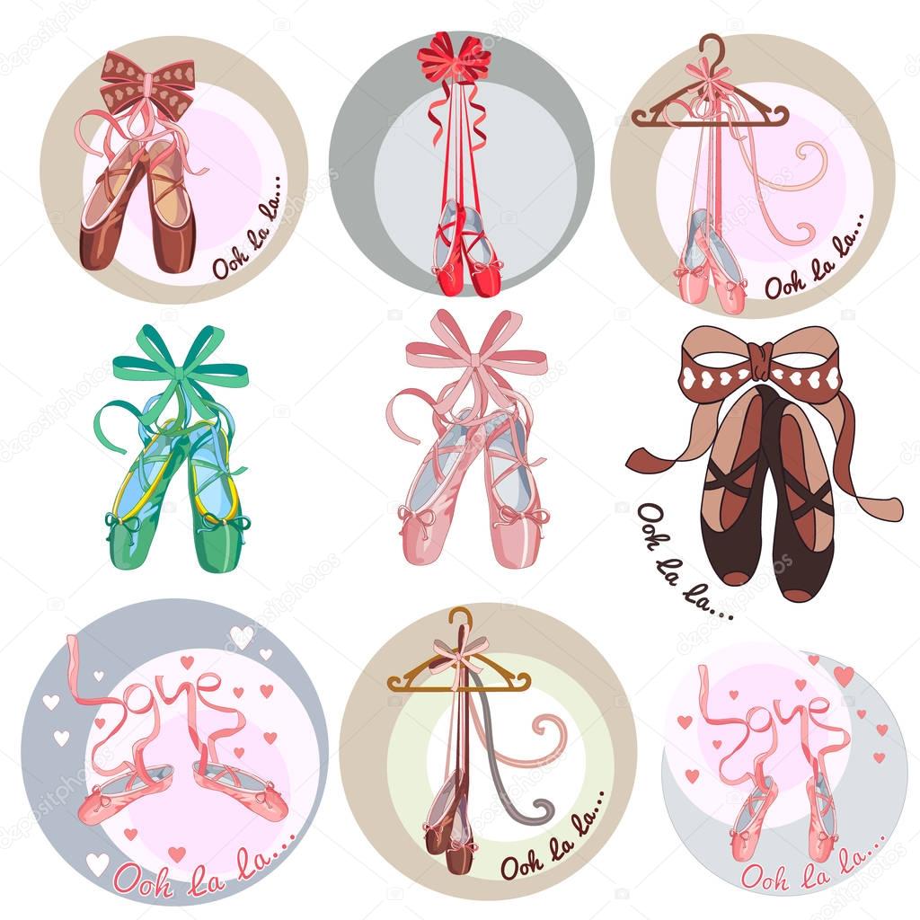 Ballet shoes. Collection of stickers on the theme of ballet dance. Cartoon style
