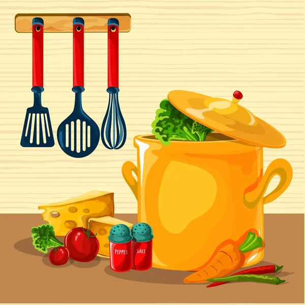 Braadpan met groenten zoals wortelen tomaten en paprika's cartoon — Stockvector