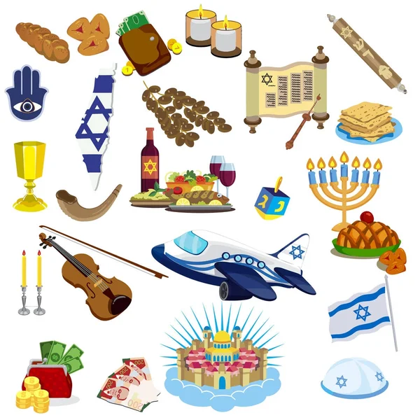 Judaísmo símbolos tradicionales iconos conjunto y símbolos judíos — Archivo Imágenes Vectoriales