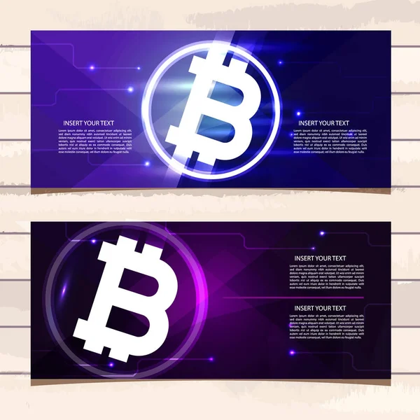 Horizontales Web-Banner mit weißem Zeichen Bitcoin, dunkelblauem und dunkelviolettem Hintergrund mit Platz für Ihren Text. — Stockvektor