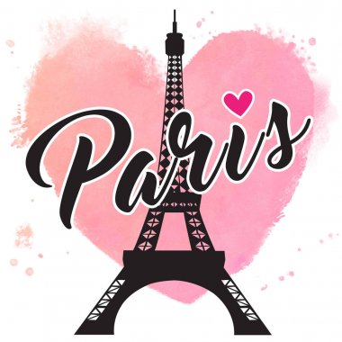 Paris el çizilmiş vektör yazı ve Eiffer kulesi. Paris mürekkep yazı. Öğe için kartları, afiş, el ilanları, suluboya kalp arka planı yazı Paris tasarım