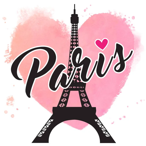 Paris el çizilmiş vektör yazı ve Eiffer kulesi. Paris mürekkep yazı. Öğe için kartları, afiş, el ilanları, suluboya kalp arka planı yazı Paris tasarım
