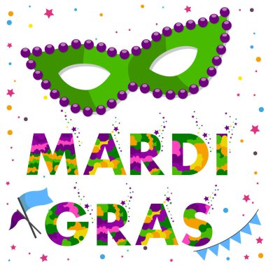 Mardi gras karnaval maskesi yuvarlak boncuk ve renkli metin Mardi Gras ile.