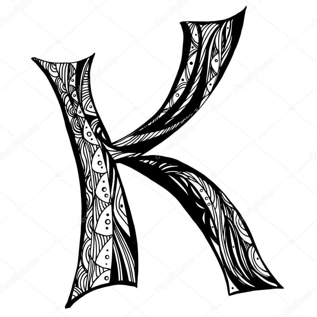 Zentangle stylized alphabet. Letter K in doodle style. Hand drawn ...