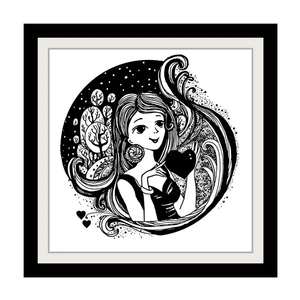 Jovencita. Tinta, pluma . — Vector de stock