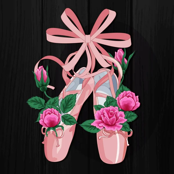 Pembe gül pembe pointes kadın bale ayakkabıları düz siyah arka plan üzerine tasarım.