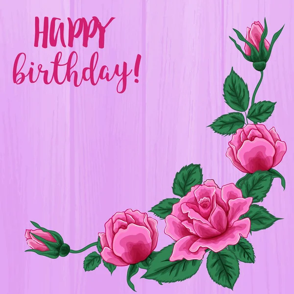 Happy birthday card. Beautiful roses bouquet on pink wood texture. — Stock Vector
