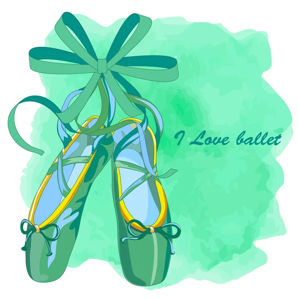 Smaragd kleur ballet schoenen op aquarel textures plat ontwerp. — Stockvector