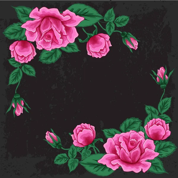 Rosarote Rosen. schwarzer Hintergrund. Modedesign. — Stockvektor