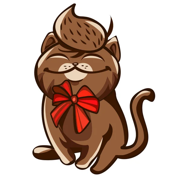 Sebuah ilustrasi karakter kartun kucing berpuas coklat dengan busur merah di lehernya . - Stok Vektor