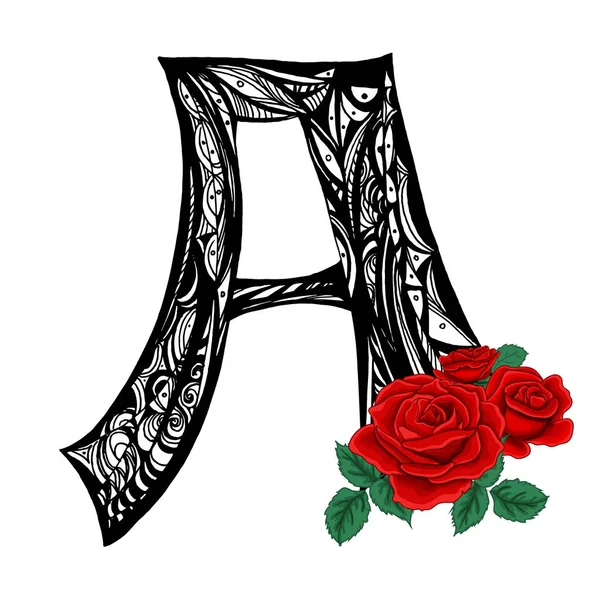 Zwarte hoofdletter A met rode rozen. — Stockvector