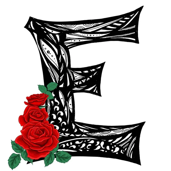 Litera E i róże. Wielkie litery. Ilustracja wektorowa. — Wektor stockowy