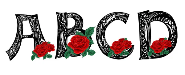 Letras negras a, b. c, d con rosas escarlata. Idea diseño tatuaje . — Archivo Imágenes Vectoriales