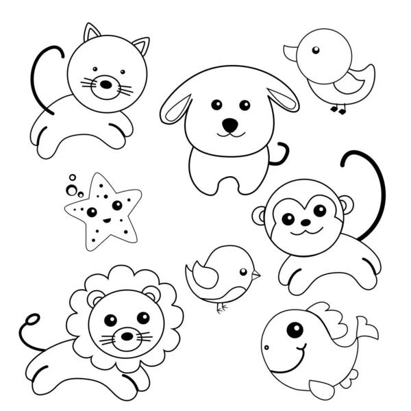 Animals. Different funny animals: cat, dog, monkey, lion, duck, chick, starfish. — Stock Vector