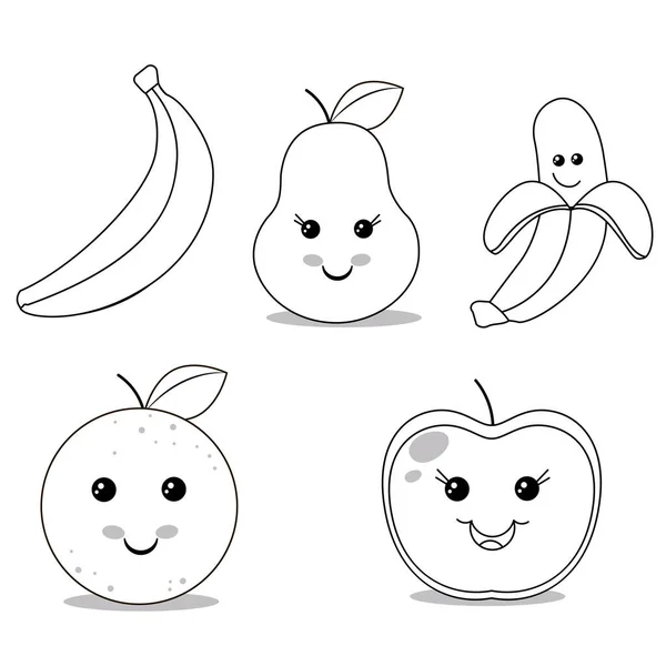 Früchte färben. Banane, Birne, Apfel, Orange. Vektorillustration — Stockvektor