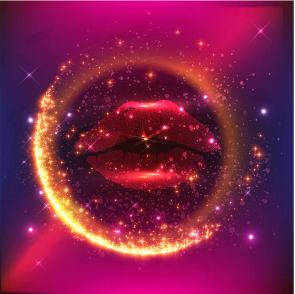 Abstract neon lips sign. Romantic kiss, kissing couple lip bar. — 스톡 벡터