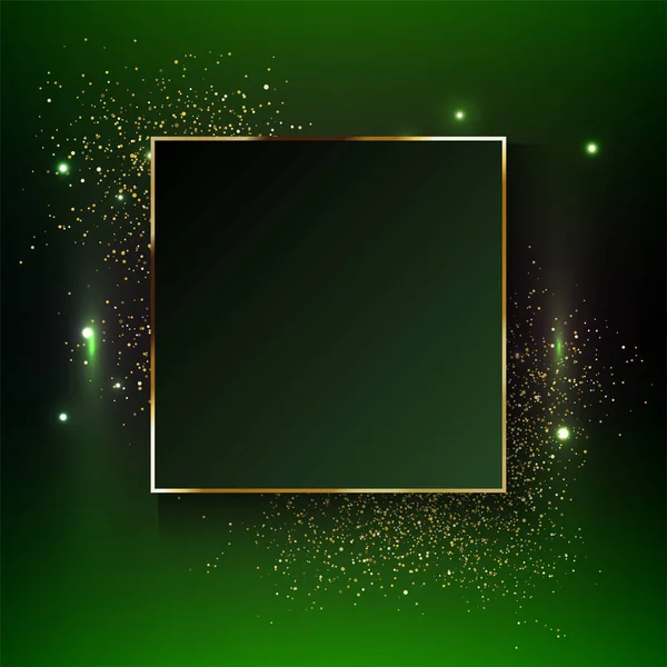 Vector gouden frame met verlichting effecten. Schitterende rechthoek banner donker groene achtergrond. — Stockvector