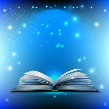 Open magic book with flying shining stars