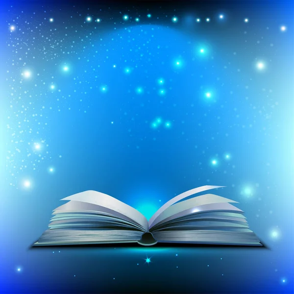 Open magic book with flying shining stars — Stockvektor