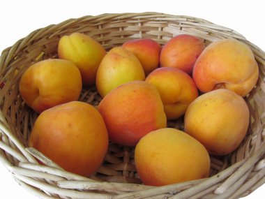 Hasır sepetteki taze kayısılar beyaz arka planda izole edilmiş.