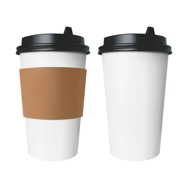 Copo de papel branco com uma capa marrom com rótulo e sem rótulo. Copo vetorial isolado para bebidas quentes como café e chá . — Vetor de Stock