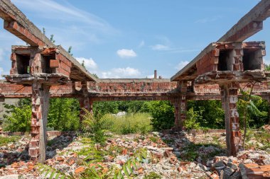 Construction Columns and Beams in Heavily Damaged and Ruined Abandoned Building