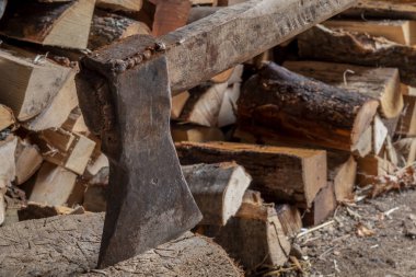 Yaşlı Rusty Axe Ağaç kütüğüne Sıkıştı