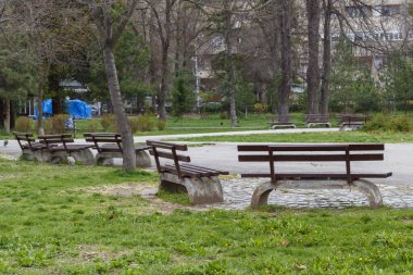Kamu parkındaki boş ahşap banklar