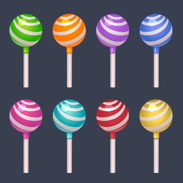 Illustratie Van Gekleurde Bol Lolly Witte Stok Donkere Achtergrond — Stockvector