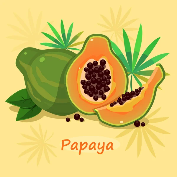 Illustration Papaye Avec Des Feuilles Vertes Sur Fond Jaune — Image vectorielle