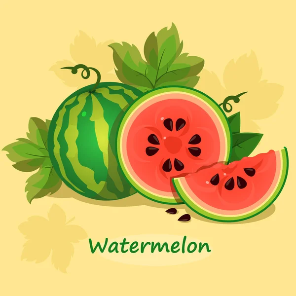 Illustration Der Wassermelone Mit Grünen Blättern Auf Gelbem Hintergrund — Stockvektor